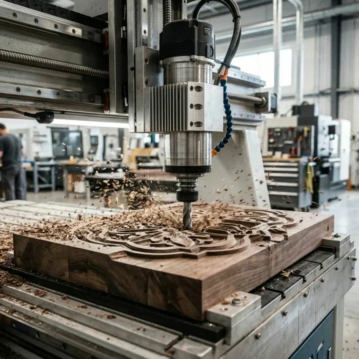 Instructor supervisando práctica con router CNC en taller